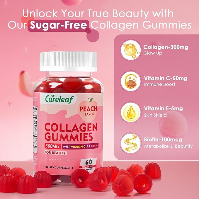 Sugar Free Collagen Gummies with Vitamin C Vitamin E Support Natural Collagen Production, Healthy Hair, Nails and Bones,Peach Flavor,60 Gummies for 30 Days Supply