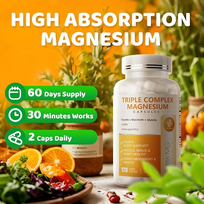 Triple Magnesium Complex - Magnesium Glycinate, Taurate & Malate Supplement with Omega3, Ashwagandha, GABA, for Sleep, Muscle, Brain & Heart Support - High Absorption and Gentle, Vegan, 120 Capsules