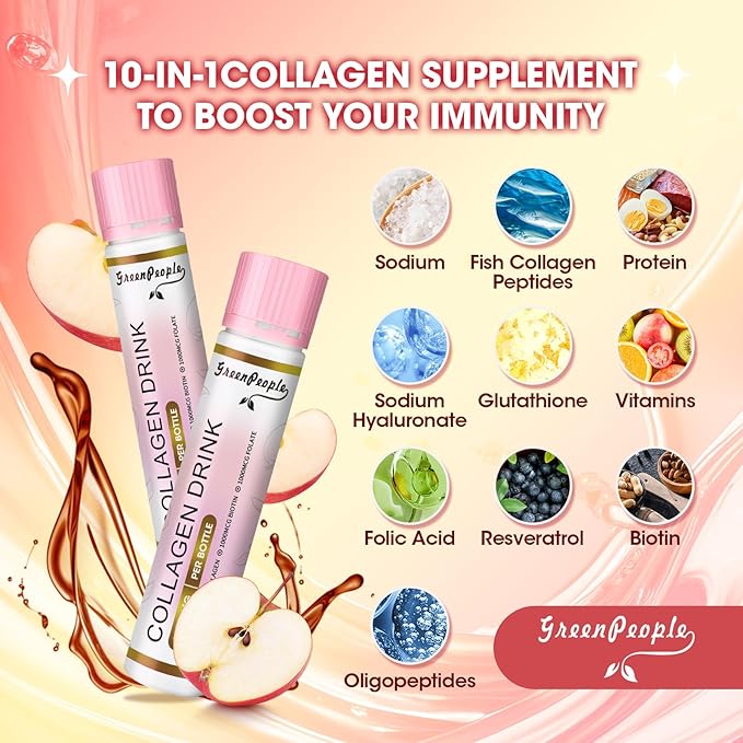 Liquid Collagen for Women & Men, Fish Collagen Peptides + Hyaluronic Acid + Vitamin Bs & C, Hair Skin Nails Joints Bones Support (0.85 fl oz, 10 Bottles, Apple)
