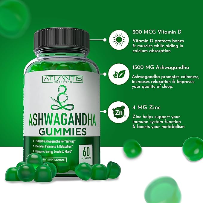 Atlantis Nutrition Ashwagandha Gummies - 1500 MG Per Serving - Promotes Calmness, Improves Mood, Boosts Energy Levels & Strengthens Immune System - Formulated with Vitamin D & Zinc - Vegan | 60 Count