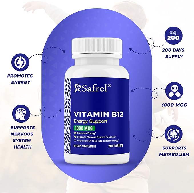 Safrel Vitamin B12 1000 mcg per Tablet, 200 Days Supply, Provides Energy, Metabolism and Nervous System Health Support | Vegan, Gluten Free and Dye Free | Made in USA