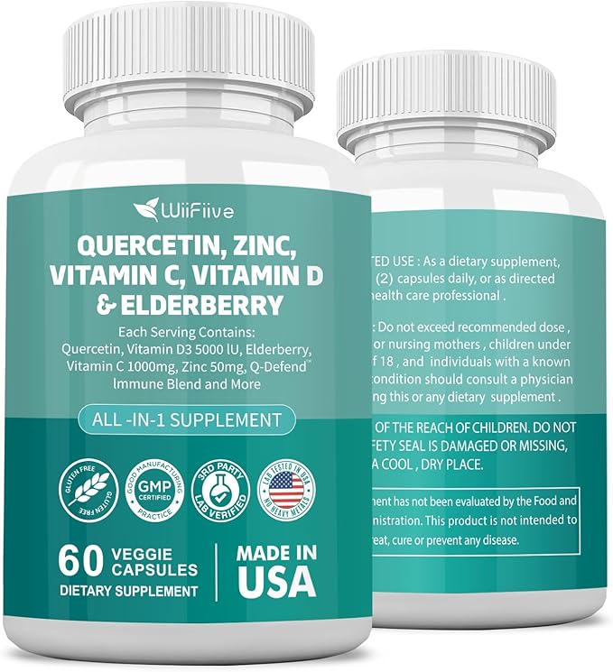 60 Count Quercetin 50 mg Zinc 1000 mg Vitamin C 5000 IU Vitamin D3 1000 mg Turmeric 1000 mg Elderberry with Q-Defend Immune Blend Reisshi Nettle Arteemisinin, Non-GMO, Free Supports Health