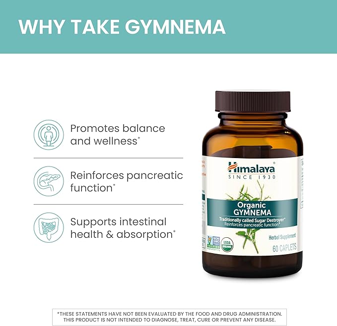 Himalaya Organic Gymnema Sylvestre Herbal Supplement USDA Certified Organic, Non-GMO, 700 mg, 60 Plant-Based Caplets, 2 Pack