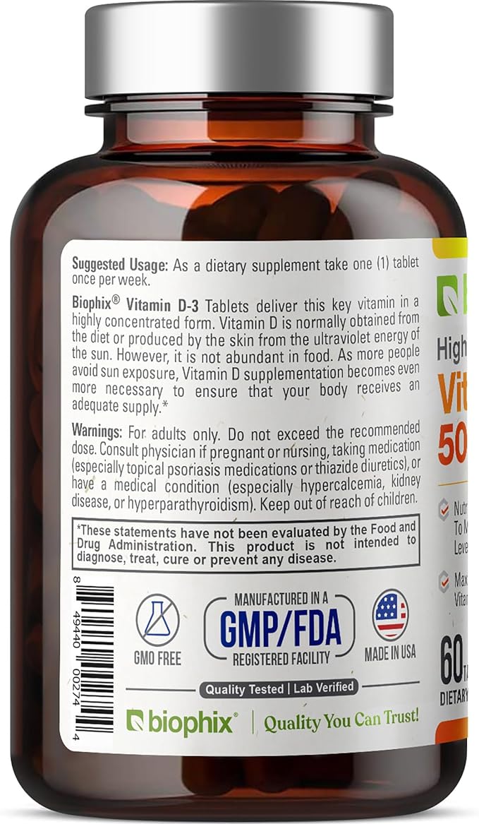 biophix Vitamin D-3 50000 IU 60 Tablets - High-Potency Supports Strong Bones Immune Health