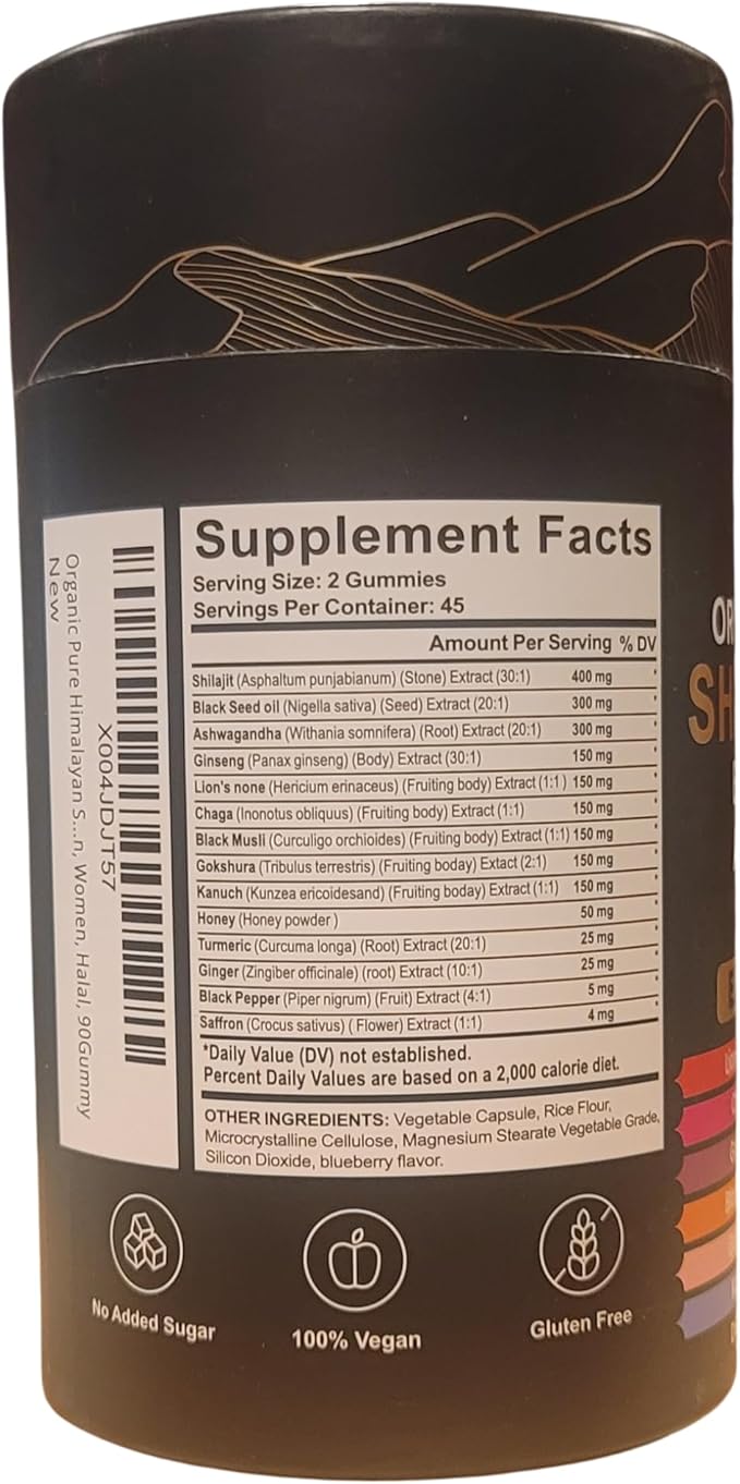 Organic Pure Himalayan Shilajit Gold Gummies for Men and Women, Black Seed Oil, Ashwagandha, Ginseng, Turmeric, Gokshura, Lion's None, Lab Tested,%75 Fulvic Acid, No Sugar Added, Halal, 90Gummy