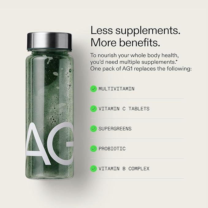 AG1 Greens Powder Supplement | Improve Gut Health | Multivitamin, Probiotic, Gluten Free, Vegan and Keto Friendly | 75 Vitamins (Athletic Greens) - 2 Pack (30 Servings Per Pouch)