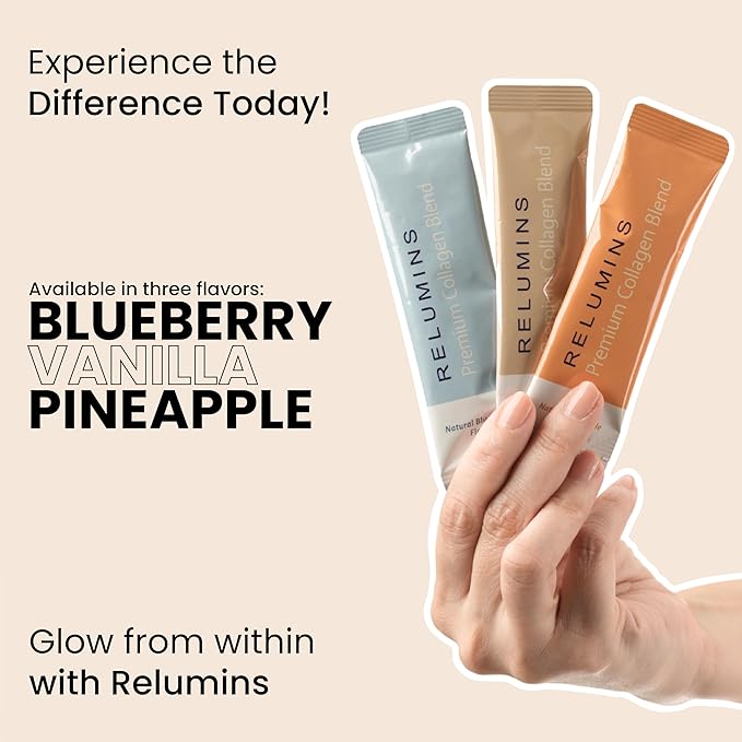 Relumins Marine Collagen Powder Drink Mix - Collagen Peptide with Glutathione, Green Tea, CoQ10, & Hyaluronic Acid Boosts Smooth Glowing Skin - 100 Powder Sachets x Mix Flavored