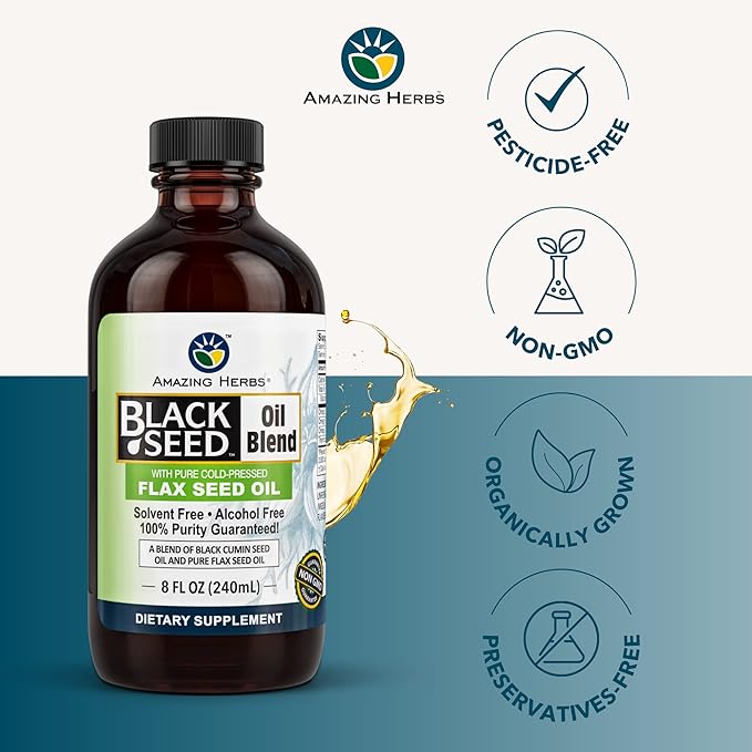 Amazing Herbs Cold-Pressed Black Seed and Flax Seed Oil Blend - Gluten-Free, Non-GMO, High in Omega 3, 6, & 9, Supports Joint, Brain, and Heart Function - 8 Fl Oz