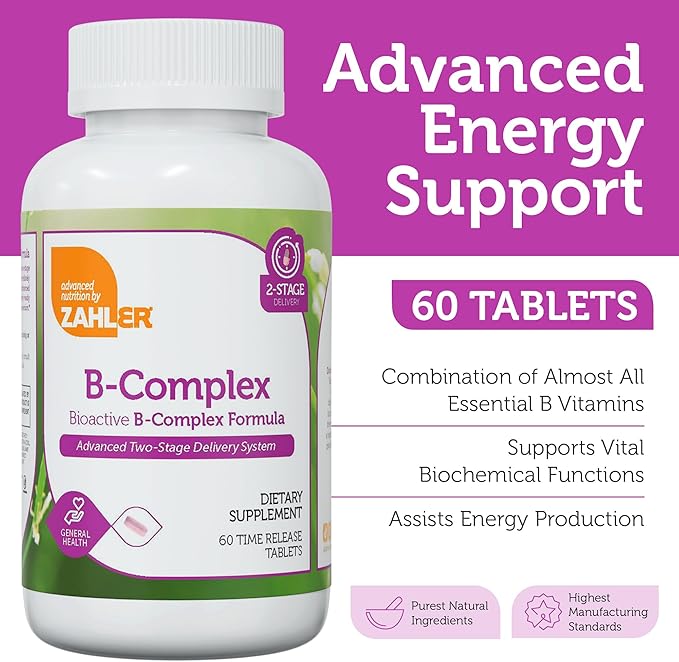 Zahler B-Complex Vitamins for Women & Men - Vitamin B Complex - B Vitamins Complex with B1 B2 B3 B5 B6 B7 B9 B12 - Advanced 2-Stage Delivery System - Gluten Free Kosher Non-GMO VIT B (60 Tablets)