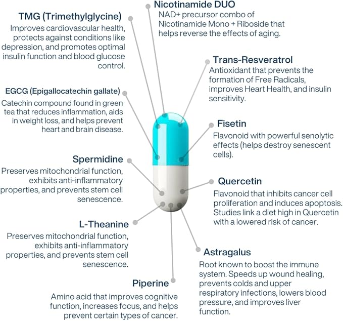 Anti Aging Supplement NAD Complex AEON with Nicotinamide, Fisetin, Quercetin, Resveratrol, Astragalus, Collagen, CoQ10, L-Theanine, EGCG