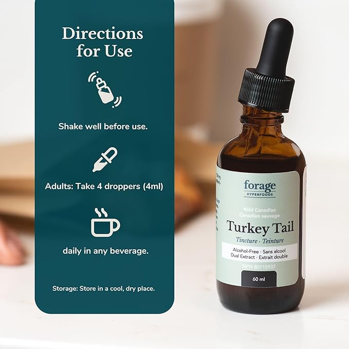 Turkey Tail Mushroom Tincture, Mushroom Vitamins for Immune System and Gut Health Support, Dual Extract, Alcohol-Free, 60 ml