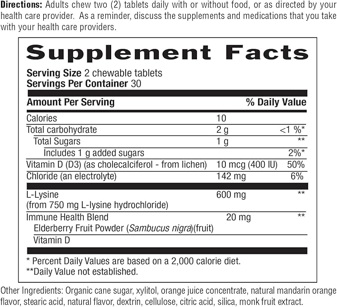 Country Life Chewable L-Lysine Supplement with Vitamin D and Elderberry, Immune Support and Collagen Renewal for Skin Tissue, Ideal for Adults