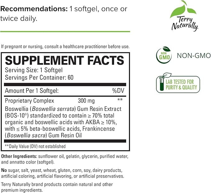Terry Naturally Boswellia Plus Frankincense Oil - Joint Support Supplement to Support Mobility & Joint Comfort - Support Cellular Health with Boswellia & Frankincense Oil - 60 Softgels
