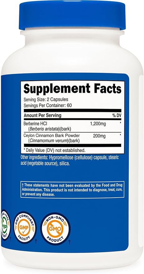 Nutricost Berberine HCl with Ceylon Cinnamon Capsules (120 Capsules, 60 Servings) - Non-GMO, Animal-Free Product