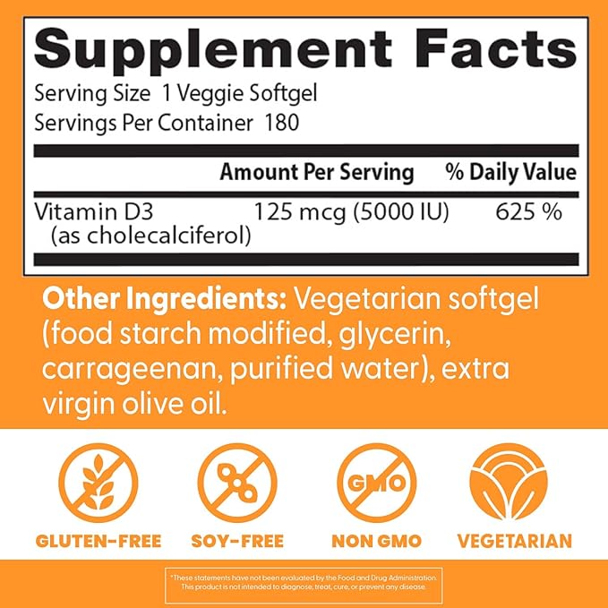 Doctor's Best Vitamin D3 5000 IU, Supports Heart, Bones, & Immunity, Non-GMO, Gluten Free, Soy Free, Vegetarian 180 Veggie Softgels