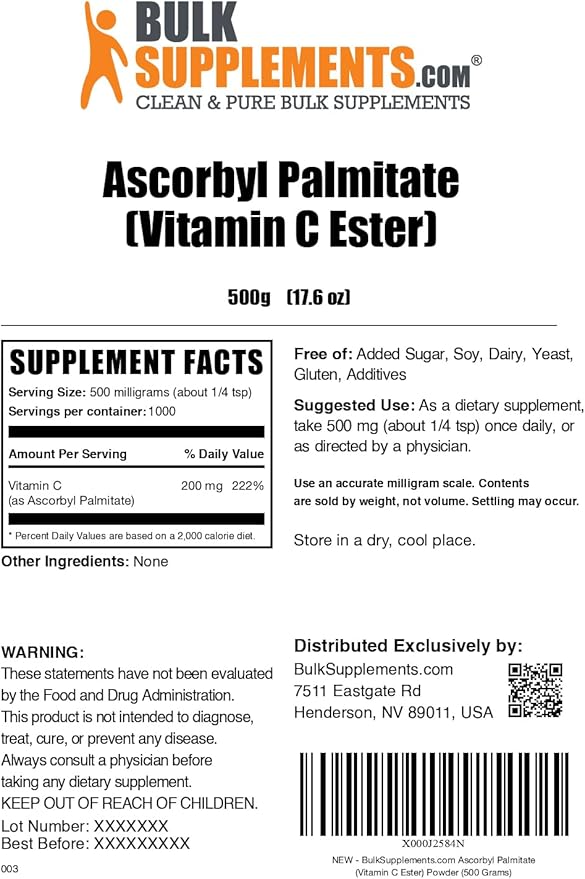 BulkSupplements.com Ascorbyl Palmitate Powder - Vitamin C Ester, Ascorbyl Palmitate 500mg - Vitamin C Supplement, Gluten Free, 500mg per Serving, 500g (1.1 lbs) (Pack of 1)