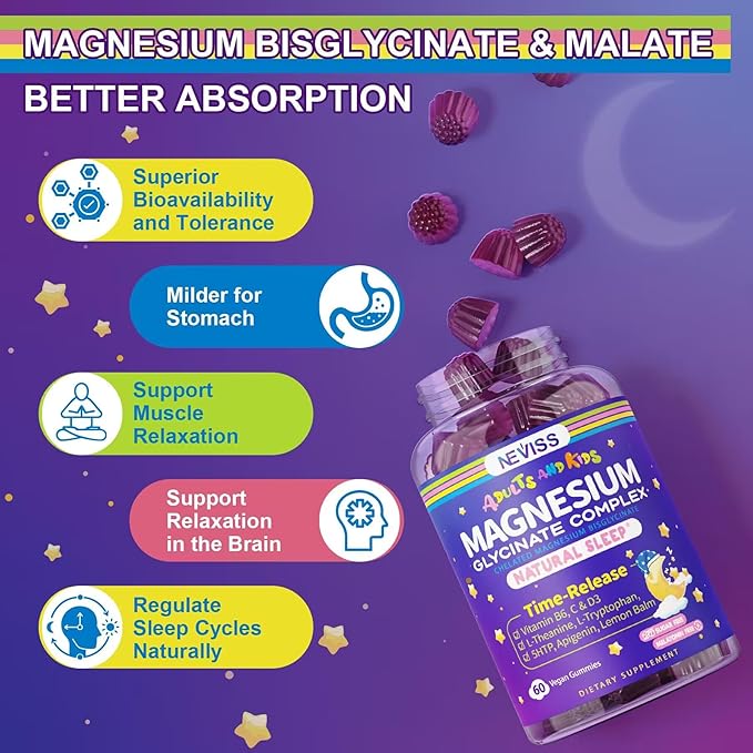 Magnesium Glycinate Gummies for Adults & Kids 4+, Sugar Free Magnesium Bisglycinate Supplement 400/200mg with B6D3, 5HTP, L-Theanine for Sleep & Relaxation, Brain, Muscle, Melatonin Free Gummies,1Pack