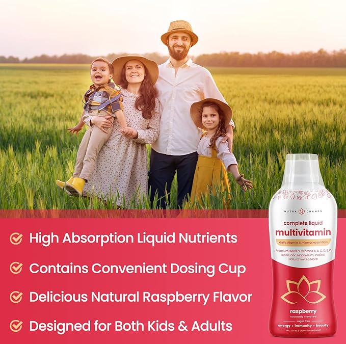 Liquid Multivitamin for Women, Men & Kids | Sugar Free Liquid Vitamins | Vitamin A, B, C, D, E, K, Biotin, Zinc, Magnesium | Energy, Beauty, Immune Support Supplement | Vegan, Natural Raspberry