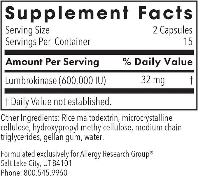 Allergy Research Group Lumbrokinase Supplement - Circulatory System Support, Supports Blood Circulation Already in The Normal Range - 30 Delayed Release Vegetarian Capsules