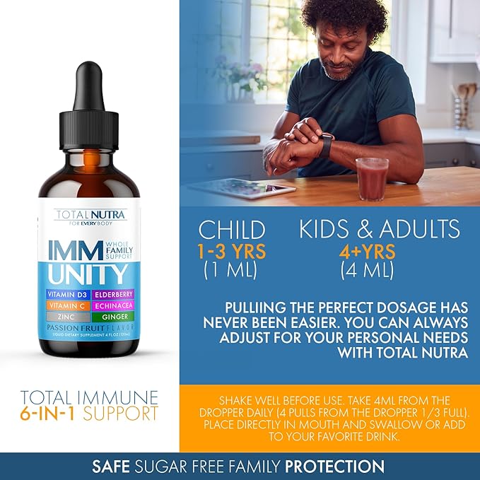 6-in-1 Liquid Multivitamin Supplement | 100% Daily Zinc, Vitamin D3 and Vitamin C Immunity Drops | Elderberry, Echinacea & Ginger Defense Support for Adults & Kids (Passion Fruit, 4oz-2pk)