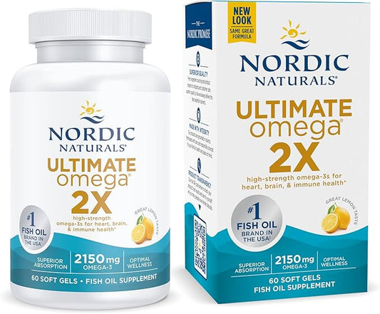 Nordic Naturals Ultimate Omega 2X, Lemon Flavor - 60 Soft Gels - 2150 mg Omega-3 - High-Potency Fish Oil with EPA & DHA - Promotes Brain & Heart Health - Non-GMO - 30 Servings