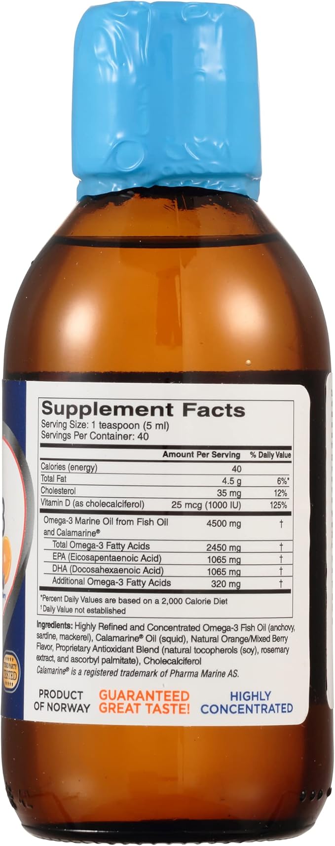 Ultra Strength Liquid Omega-3 + Vitamin D3, Fish Oil Supplements 4,500mg Omega-3 Marine Oil from Fish Oil and Calamarine, 2,130mg DHA and EPA, + 1,000 IU of Vitamin D3-6.8 fl oz