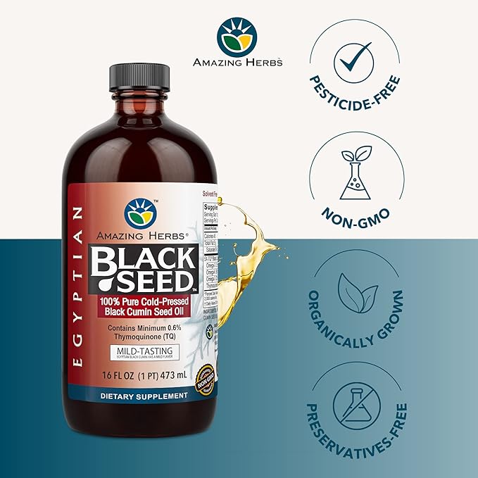 Amazing Herbs Egyptian Black Seed Oil - Gluten Free, Non GMO, Cold Pressed Nigella Sativa Aids in Digestive Health, Immune Support, Brain Function, Mild Flavor - 16 Fl Oz