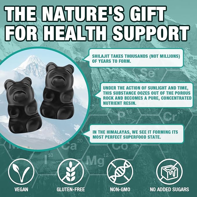 1 Packs 1000 MG Shilajit Supplement Gummies with 85+ Trace Minerals, Fulvic Acid, Pure Organic Shilajit Himalayan Gummy for Men & Women, Energy, Brain, Immunity Suport - 60 Counts