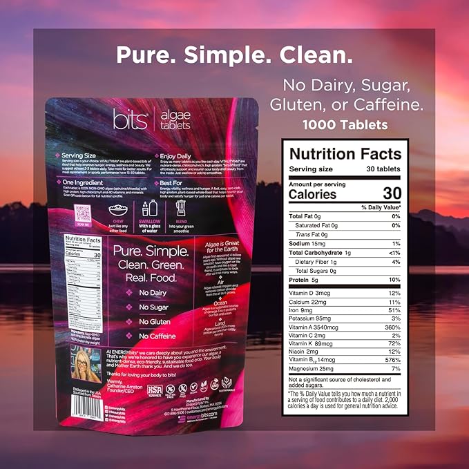 VITALITYbits - Organic Blended Spirulina & Chlorella Tablets - Algae Superfood - Energy, Self Care, Beauty - Replace Greens, Supplements, Protein, Snacks - Vegan, Keto, Gluten Free - 1000 Tablets Bag