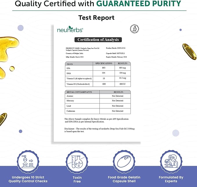 Deep Sea Fish Oil (60 Softgels) Omega 3 Supplement Triple Strength 2500 Mg for Muscle, Joints, Heart & Cognitive Support | No Fishy Burps with Lemon Flavour for Men & Women | (Pack of 1)