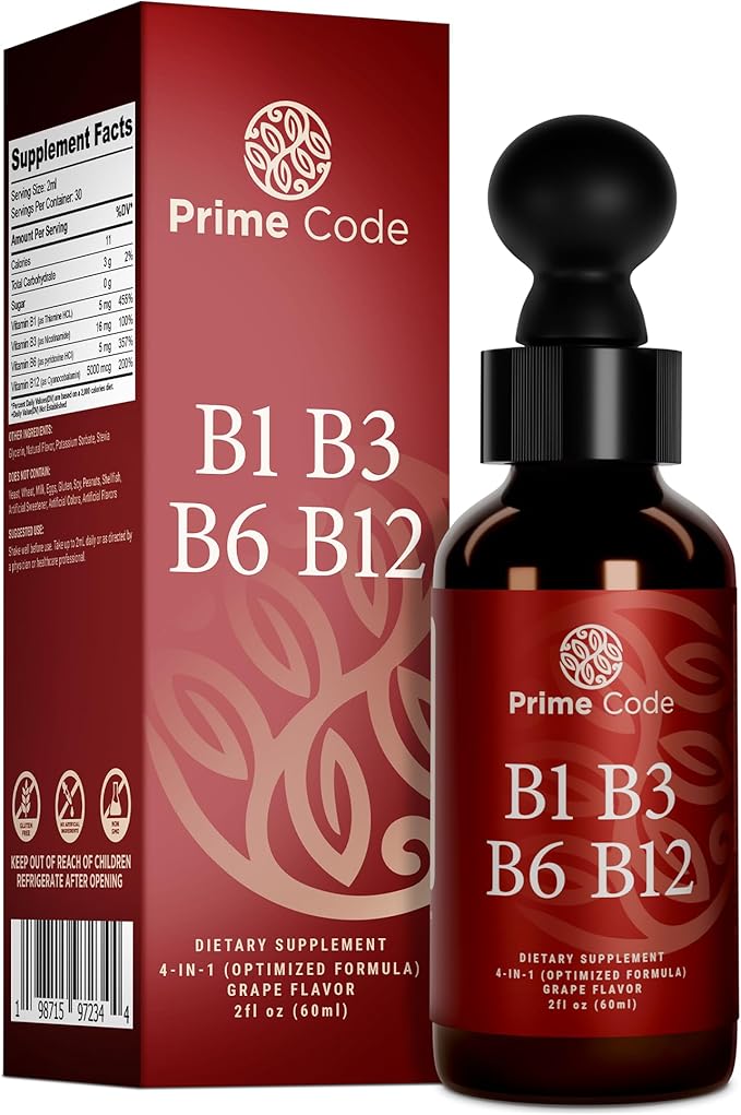 Prime Code Liquid Vitamin B1 Drops with Vitamin B3 B6 & B12 | B Complex Liquid Supplement | Thiamine Supplement for Adults | High Absorption | Immune Support | Non-GMO | Gluten-Free