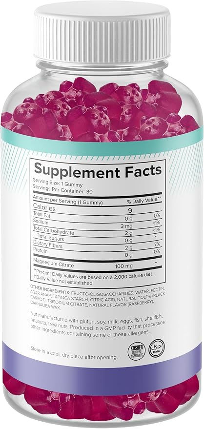 Sugar Free Magnesium Gummies for Kids 100mg - Calm & Sleep Support Chewable Magnesium Supplement, Sleep Aid, Anti-Stress, Bone Health, Muscle Relaxation, 30 Vegan Non-GMO Gluten-Free Raspberry Gummies
