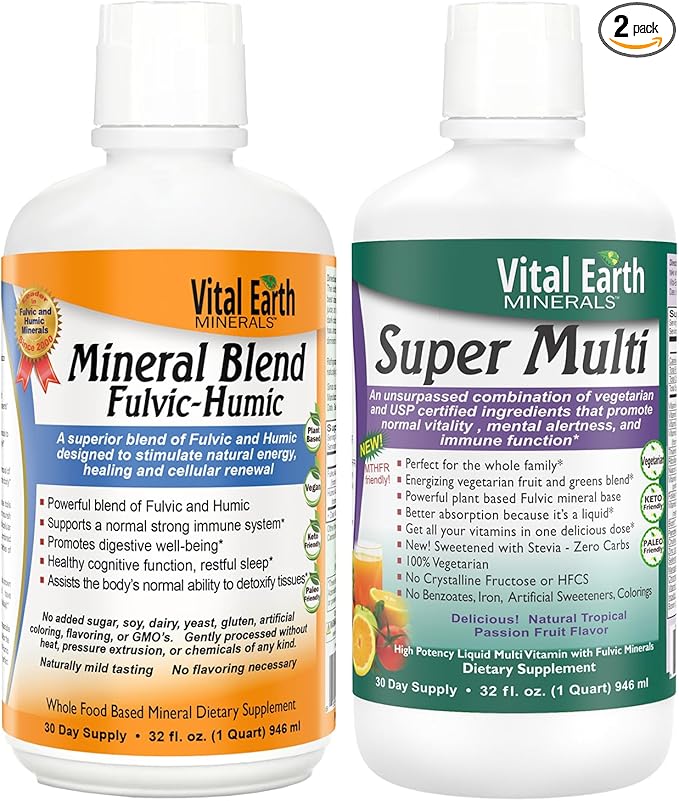 Vital Earth Minerals Detox & Wellness Support – Fulvic Humic Mineral Blend with 70+ Trace Minerals + Super Multi, Liquid Multivitamins, MTHFR Support, 32 Oz Ea
