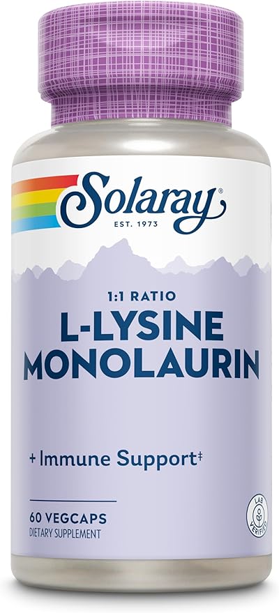 SOLARAY L-Lysine Monolaurin Immune Support Supplement, 1:1 Ratio for Immune System Function, 500 mg Each, 60-Day Money Back Guarantee, 30 Servings, 60 VegCaps