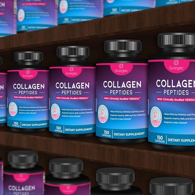 Sunergetic Premium Collagen Peptides Capsules – 2500 mg of VERISOL Collagen Peptides Type 1 & Type 3 – Multi Collagen Supplement to Support Joint Health, Hair, Skin & Nails – 150 Collagen Capsules