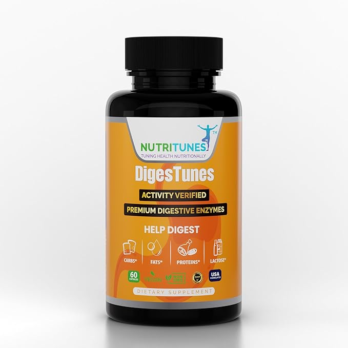 DigesTunes – Premium Digestive Enzymes to easily digest Carbs, Fats, Proteins & Lactose - Supports after-meal Bloating & Discomfort Relief – Food Grade Multi Enzyme Vegan Supplement, 60-Day Supply