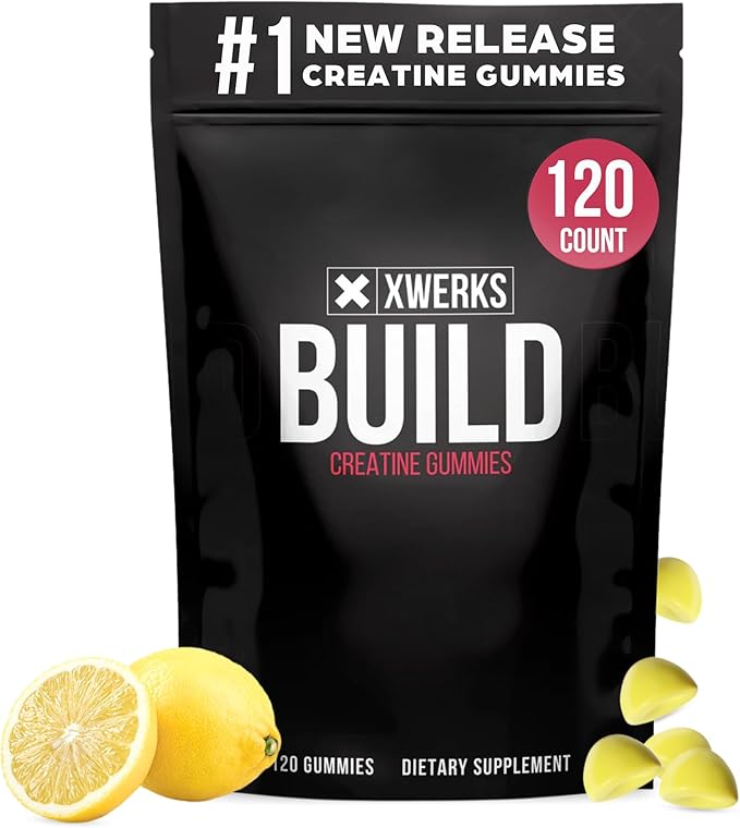 Xwerks Build Creatine Gummies for Men & Women, 120 Count, 100% Pure Creatine Monohydrate, Lemon Flavored Muscle Building Gummy (4g per Serving) Pre Workout Anti-Melting Gummies (5,000mg