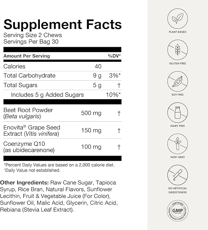 HumanN SuperBeets Heart Chews Advanced - 100mg of CoQ10 Plus Beetroot & Grape Seed Extract, 120 Count