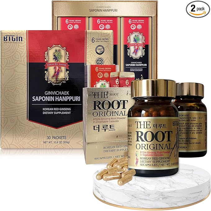 Korean Red Ginseng Extract 3000mg and Capsules Bundle - Saponin Hanppuri + The Root Original - Natural Energy Supplements for Immune Support, Stress Relief, Focus & Mental Clarity with Ginsenoside Rg3