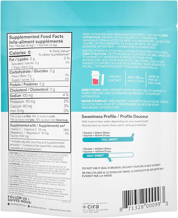 Cira Hydration Stick Packs - Electrolyte Powder & Drink Mix for On-The-Go Dehydration Relief & Recovery - Watermelon Sugar, 20 Servings