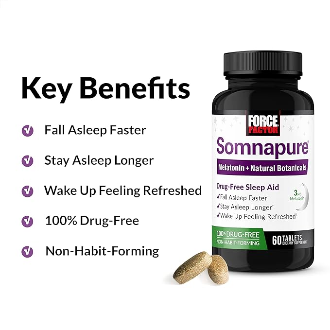 Force Factor Somnapure Drug-Free Sleep Aid for Adults for Occasional Sleeplessness with Melatonin & Valerian, Non-Habit-Forming Sleeping Pills, Fall Asleep Faster, Wake Up Refreshed, 60 Tablets