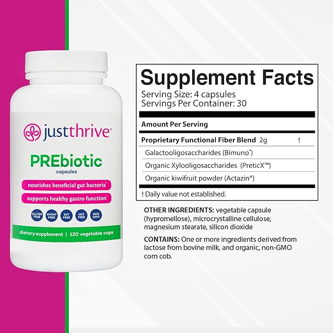 Just Thrive PREbiotic Capsules - Prebiotic Blend for Gut Health and Immune Support, 120 Caps