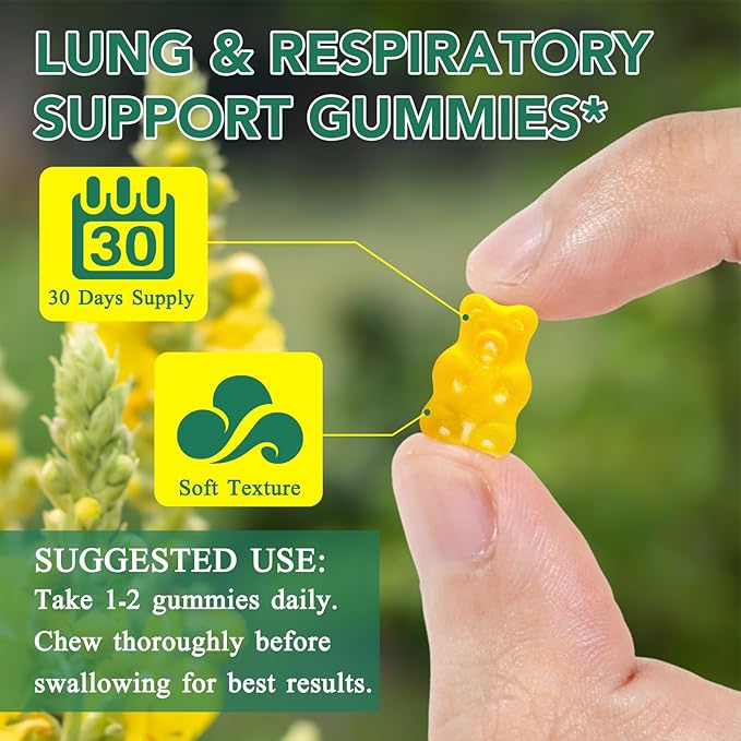 Mullein Gummies for Lung Cleanse, 2000mg Mullein Leaf Extract for Respiratory & Digestive & Immune Support, Natural Mullein Herbal Supplement for Mucus Relief with Chlorophyll (60 Gummies)