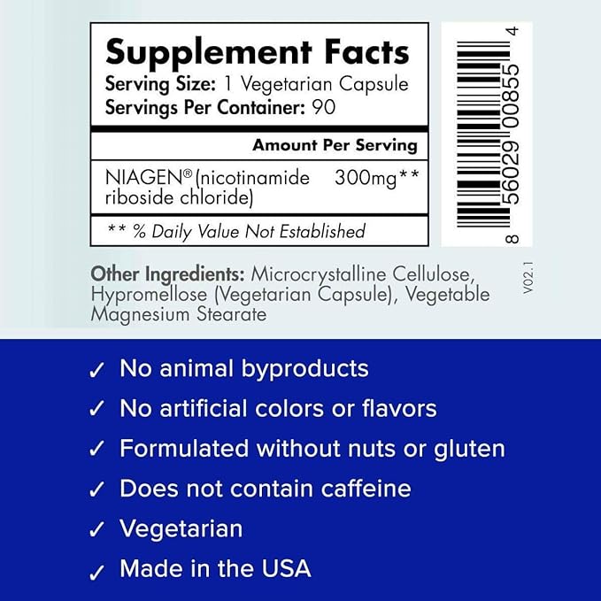 TRU NIAGEN Patented NAD Supplement for Anti Aging and Cell Regeneration, 300 mg Niagen, 90 Servings | Supports Cellular Energy, Brain, Muscle | Nicotinamide Riboside (NR) Take 1 Daily | 2 Bottles