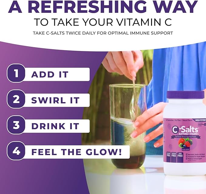 C-Salts Original Vitamin C Powder Supplement - 100% Pure High Dose Buffered Vitamin C Powder for Immune Support - Sugar-Free Powdered Drink Ascorbate, Organic, Stomach-Friendly, Mixed Berry 26oz