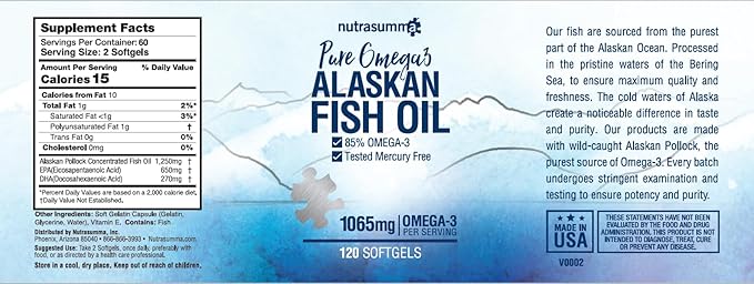 High Purified Omega 3 Supplement Wild Alaskan Fish Oil Burpless & No Fishy Taste, 650mg EPA &270mg DHA of 1250mg Fish Oil softgels, Gluten Free, Heart, Brain& Immune Support, 60 Servings
