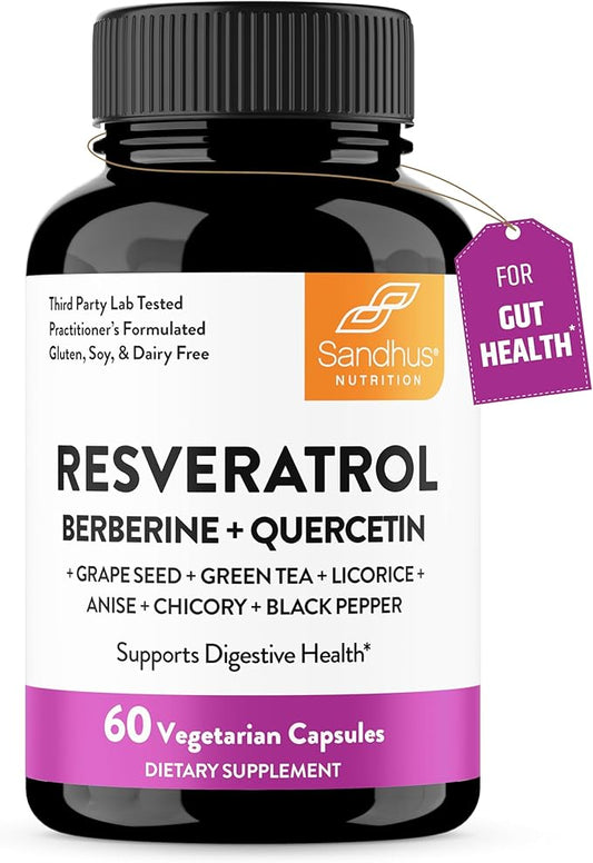 Resveratrol with Berberine for Gut Health | Digestive Supplement for Women and Men | Green Tea, Star Anise, DGL, Grape Seed Extract and Quercetin | Eases Bloating | 60 Vegetarian Capsules for Adults