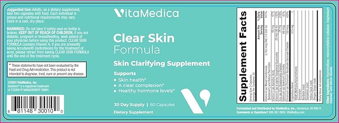 VitaMedica Clear Skin Vitamin Formula | Noncystic Acne Supplement for Skin Clearing | Clear Complexion for Women and Men | Vitamins A, C, E, Selenium, Chromium, and Zinc for Skin Health | 60 Count