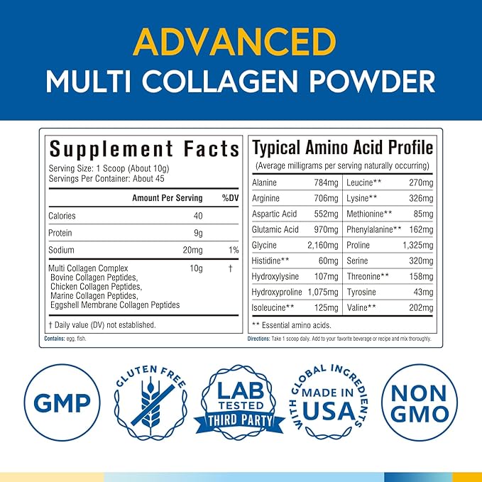 Terranics Multi Collagen Peptides Powder, Type I II III V X Hydrolyzed Collagen for Women+Men, Collagen Supplements for Skin Nail Hair, Fast Dissolve, Unflavored Colageno, No Sugar, Keto, 16oz