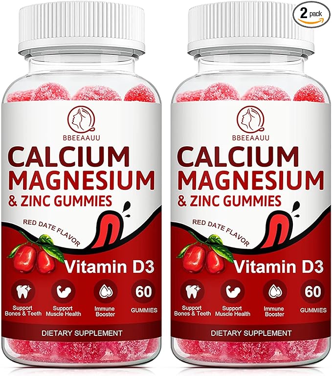 Calcium, Magnesium, Zinc & Vitamin D Gummies - 2 Pack | Vitamins for Women, Men & Kids | Calcium Supplements for Strong Healthy Bones, Zinc Gummies, Gluten-Free, Vegan - 120 Count